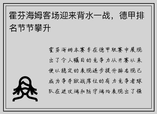 霍芬海姆客场迎来背水一战，德甲排名节节攀升